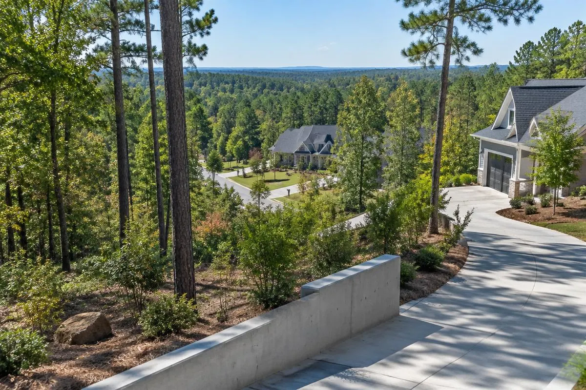 Poured concrete retaining wall beside a curving driveway above a wooded Piedmont neighborhood