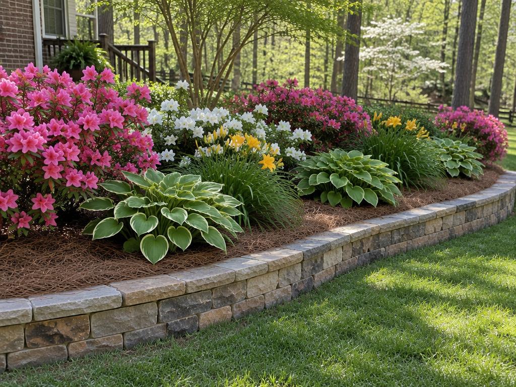 Low curved stone garden wall around a raised bed of azaleas and hostas