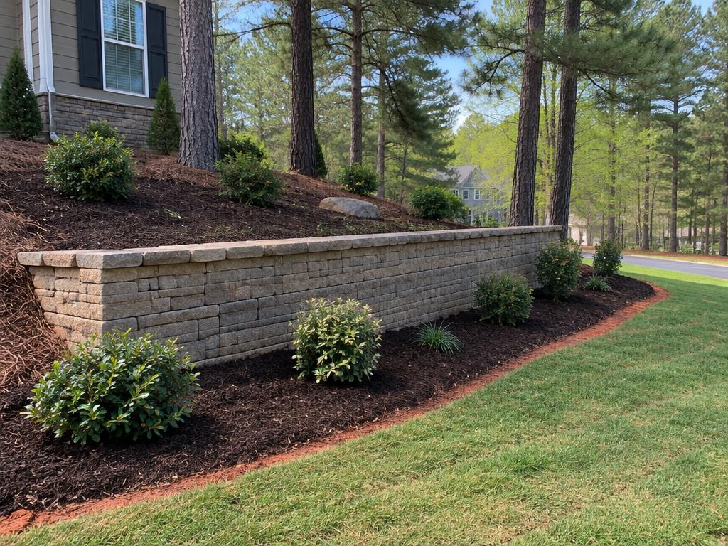 Low block retaining wall holding a mulched front-yard slope beside a lawn