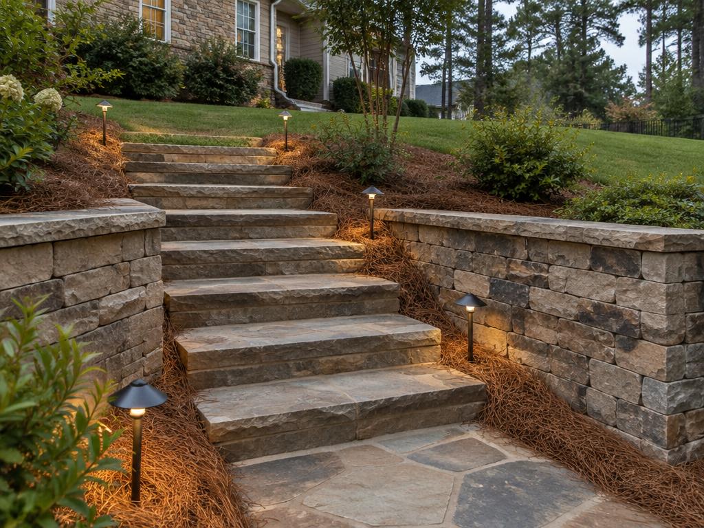 Stone block steps between two retaining walls with path lights