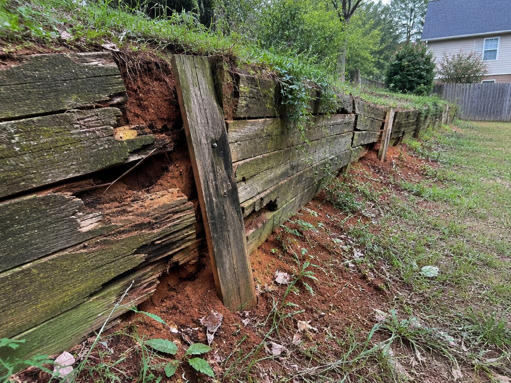 Rotting, leaning wooden timber retaining wall with soil spilling through gaps