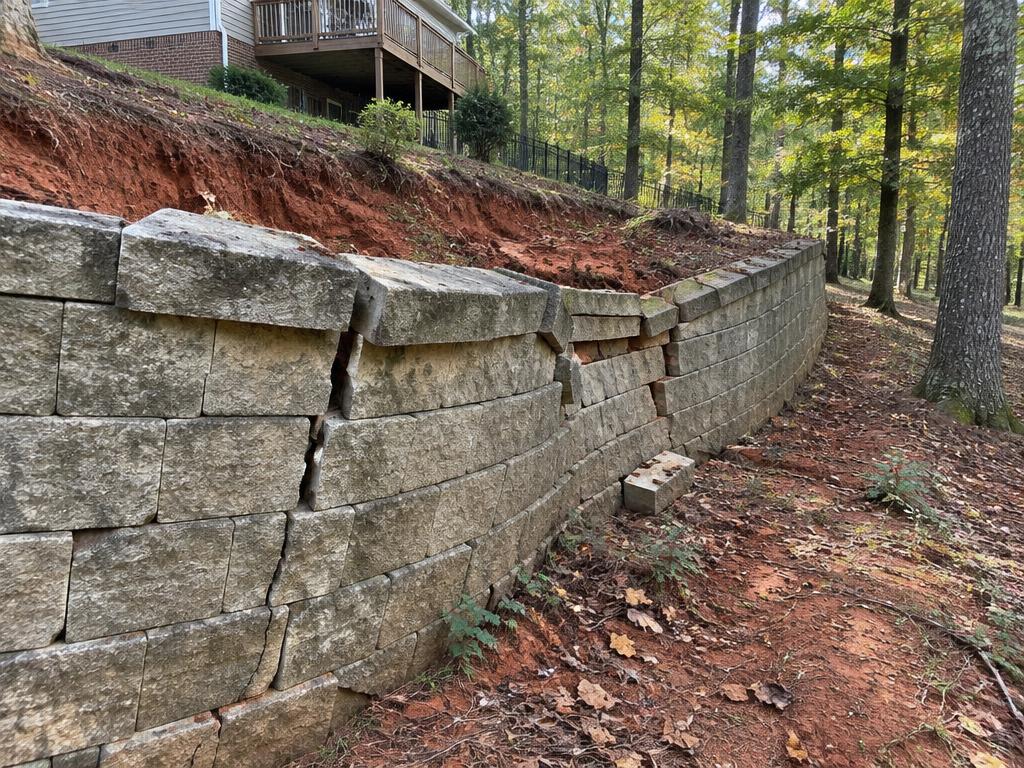 Bowing block retaining wall with a long crack and displaced blocks